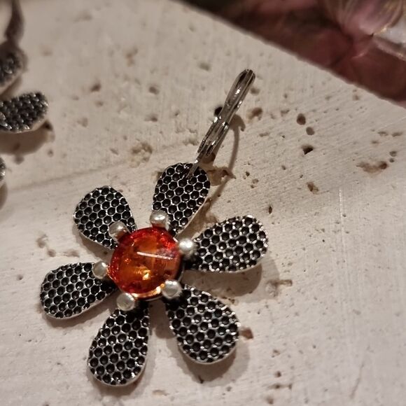 New FP Floral Silver Earrings with Orange Accents - Picture 2 of 6